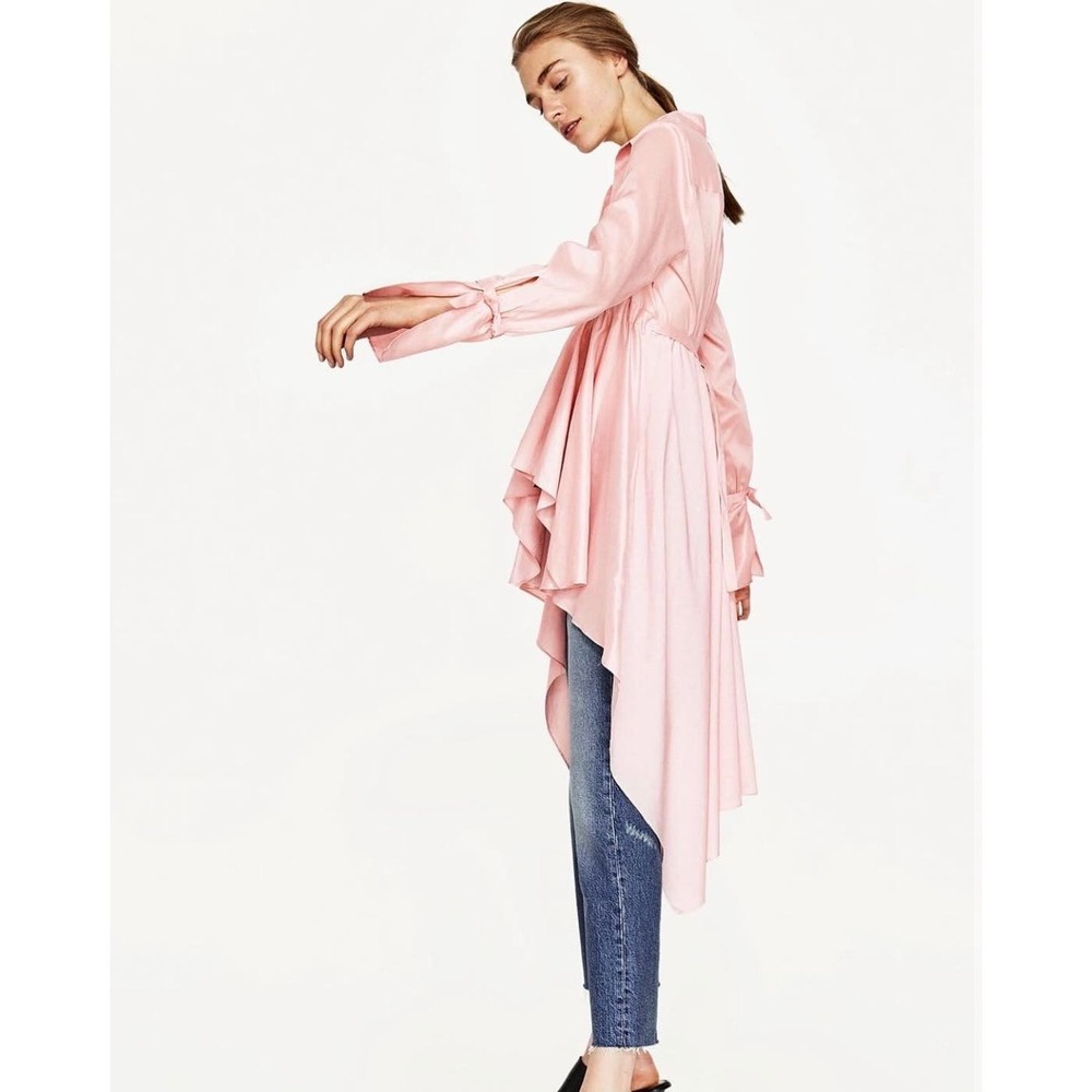 Zara Woman Multi Length Collared Shirt Empire Waist Cinch Tie Back Size Medium